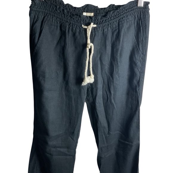 Roxy Black Drawstring Pants Pockets Casual Beach Flax Linen - Picture 2 of 6